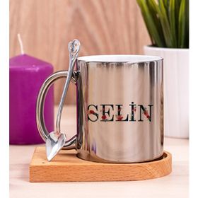 Hediye Dükkanı Kişiye Özel Çiçek Harf Tasarım Isim Yazılı Ahşap Altlıklı Silver Kupa Bardak