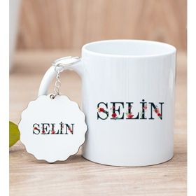 Hediye Dükkanı Kişiye Özel Çiçek Harf Tasarım İsim Yazılı Beyaz Kupa Bardak ve Anahtarlık