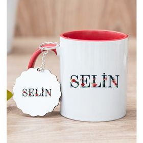 Hediye Dükkanı Kişiye Özel Çiçek Harf Tasarım İsim Yazılı Kırmızı Kupa Bardak ve Anahtarlık