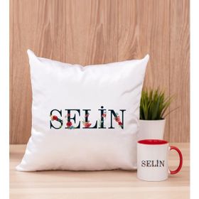 Hediye Dükkanı Kişiye Özel Çiçek Harf Tasarım İsim Yazılı Kırmızı Kupa Bardak ve Kare Yastık