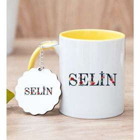 Hediye Dükkanı Kişiye Özel Çiçek Harf Tasarım İsim Yazılı Sarı Kupa Bardak ve Anahtarlık