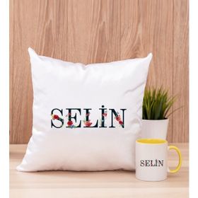 Hediye Dükkanı Kişiye Özel Çiçek Harf Tasarım İsim Yazılı Sarı Kupa Bardak ve Kare Yastık