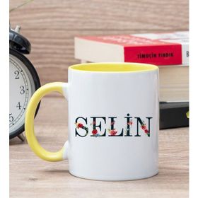 Hediye Dükkanı Kişiye Özel Çiçek Harf Tasarım İsim Yazılı Sarı Kupa Bardak