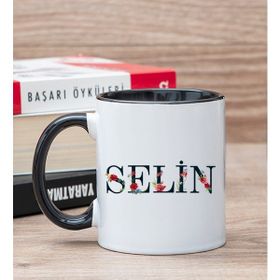 Hediye Dükkanı Kişiye Özel Çiçek Harf Tasarım İsim Yazılı Siyah Kupa Bardak