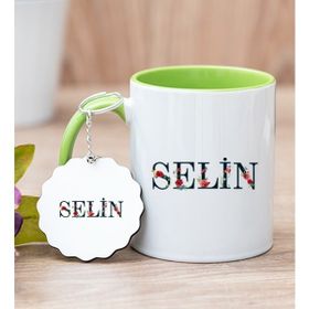 Hediye Dükkanı Kişiye Özel Çiçek Harf Tasarım İsim Yazılı Yeşil Kupa Bardak ve Anahtarlık