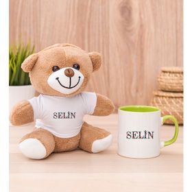 Hediye Dükkanı Kişiye Özel Çiçek Harf Tasarım isim Yazılı Yeşil Kupa Bardak ve Peluş Ayıcık