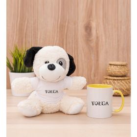 Hediye Dükkanı Kişiye Özel Çiçekli Harf Tasarım İsim Yazılı Sarı Kupa Bardak ve Peluş Köpek