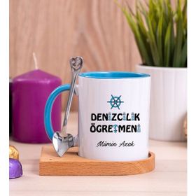 Hediye Dükkanı Kişiye Özel Denizcilik Öğretmeni Ahşap Altlıklı Kaşıklı Mavi Kupa
