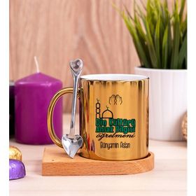Hediye Dükkanı Kişiye Özel Din Kültürü ve Ahlak Bilgisi Öğretmeni Ahşap Altlıklı Kaşıklı Gold Kupa Bardak
