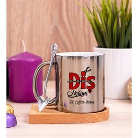 Hediye Dükkanı Kişiye Özel Diş Hekimi Ahşap Altlıklı Kaşıklı Silver Kupa Bardak