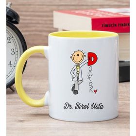 Hediye Dükkanı Kişiye Özel Doktor Karikatürü Sarı Kupa Bardak