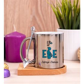 Hediye Dükkanı Kişiye Özel Ebe Ahşap Altlıklı Kaşıklı Silver Kupa Bardak