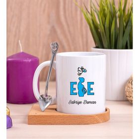 Hediye Dükkanı Kişiye Özel Ebe Baskılı Ahşap Altlıklı Kaşıklı Beyaz Kupa Bardak
