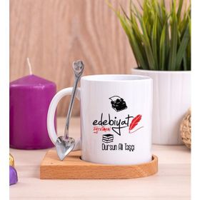 Hediye Dükkanı Kişiye Özel Edebiyat Öğretmeni Ahşap Altlıklı Kaşıklı Beyaz Kupa Bardak