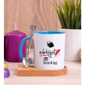 Hediye Dükkanı Kişiye Özel Edebiyat Öğretmeni Ahşap Altlıklı Kaşıklı Mavi Kupa