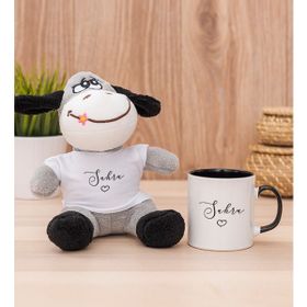 Hediye Dükkanı Kişiye Özel El Yazısı Tasarımlı isimli Siyah Kupa Bardak ve Peluş Eşek