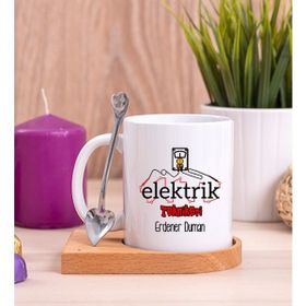 Hediye Dükkanı Kişiye Özel Elektrik Teknikeri Ahşap Altlıklı Kaşıklı Beyaz Kupa Bardak