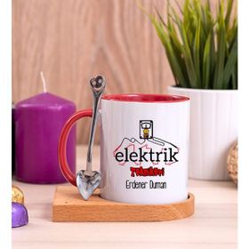 Hediye Dükkanı Kişiye Özel Elektrik Teknikeri Ahşap Altlıklı Kaşıklı Kırmızı Kupa