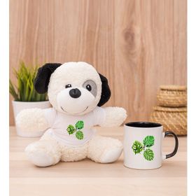 Hediye Dükkanı Kişiye Özel Erkeğe Hediye Yaprak Tasarım Isimli Siyah Kupa Bardak ve Peluş Köpek Seti