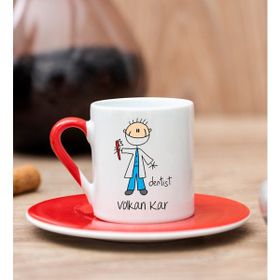 Hediye Dükkanı Kişiye Özel Erkek Diş Hekimi Karikatürü Kırmızı Türk Kahvesi Fincanı