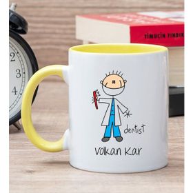 Hediye Dükkanı Kişiye Özel Erkek Diş Hekimi Karikatürü Sarı Kupa Bardak
