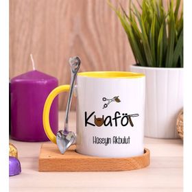 Hediye Dükkanı Kişiye Özel Erkek Kuaförü Ahşap Altlıklı Kaşıklı Sarı Kupa