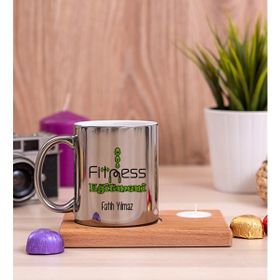 Hediye Dükkanı Kişiye Özel Fitness Eğitmeni Ahşap Altlıklı Mumlu Silver Kupa Bardak