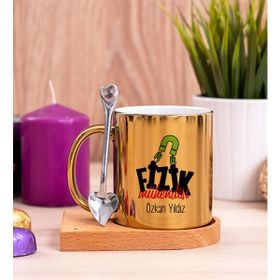 Hediye Dükkanı Kişiye Özel Fizik Mühendisi Ahşap Altlıklı Kaşıklı Gold Kupa Bardak