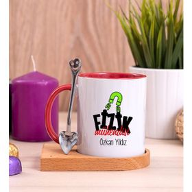 Hediye Dükkanı Kişiye Özel Fizik Mühendisi Ahşap Altlıklı Kaşıklı Kırmızı Kupa