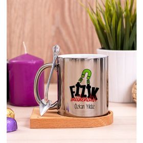 Hediye Dükkanı Kişiye Özel Fizik Mühendisi Ahşap Altlıklı Kaşıklı Silver Kupa Bardak