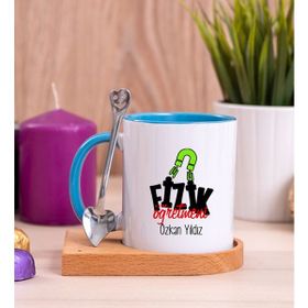 Hediye Dükkanı Kişiye Özel Fizik Öğretmeni Ahşap Altlıklı Kaşıklı Mavi Kupa