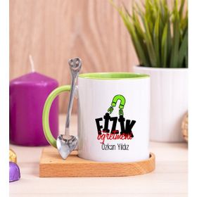 Hediye Dükkanı Kişiye Özel Fizik Öğretmeni Ahşap Altlıklı Kaşıklı Yeşil Kupa