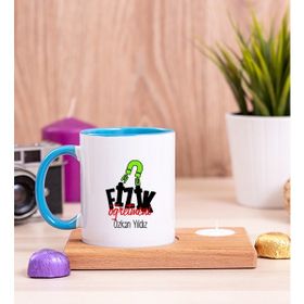 Hediye Dükkanı Kişiye Özel Fizik Öğretmeni Ahşap Altlıklı Mumlu Mavi Kupa
