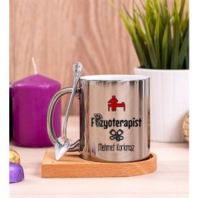 Hediye Dükkanı Kişiye Özel Fizyoterapist Ahşap Altlıklı Kaşıklı Silver Kupa Bardak