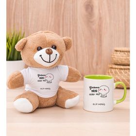 Hediye Dükkanı Kişiye Özel Garibanın Yüzü Gülür Mü Esprili Yeşil Kupa Bardak ve Peluş Ayıcık