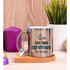 Hediye Dükkanı Kişiye Özel Gemi Yapımı Öğretmeni Ahşap Altlıklı Kaşıklı Silver Kupa Bardak