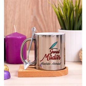 Hediye Dükkanı Kişiye Özel Genel Müdür Ahşap Altlıklı Kaşıklı Silver Kupa Bardak