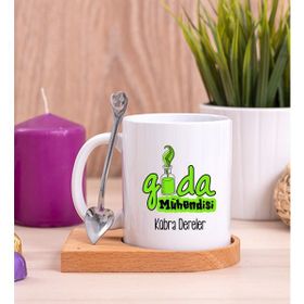 Hediye Dükkanı Kişiye Özel Gıda Mühendisi Ahşap Altlıklı Kaşıklı Beyaz Kupa Bardak