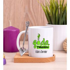 Hediye Dükkanı Kişiye Özel Gıda Teknikeri Ahşap Altlıklı Kaşıklı Beyaz Kupa Bardak
