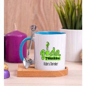 Hediye Dükkanı Kişiye Özel Gıda Teknikeri Ahşap Altlıklı Kaşıklı Mavi Kupa