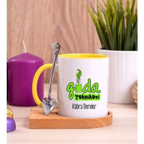 Hediye Dükkanı Kişiye Özel Gıda Teknikeri Ahşap Altlıklı Kaşıklı Sarı Kupa