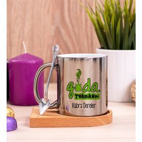 Hediye Dükkanı Kişiye Özel Gıda Teknikeri Ahşap Altlıklı Kaşıklı Silver Kupa Bardak