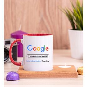 Hediye Dükkanı Kişiye Özel Google Tasarım Esprili Ahşap Altlıklı Mumlu Kırmızı Kupa Bardak
