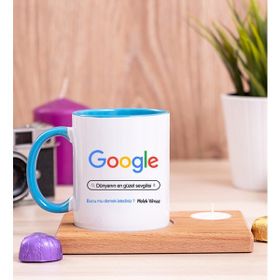 Hediye Dükkanı Kişiye Özel Google Tasarım Esprili Ahşap Altlıklı Mumlu Mavi Kupa Bardak