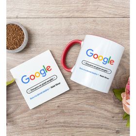 Hediye Dükkanı Kişiye Özel Google Tasarım Esprili Kırmızı Kupa Bardak ve Bardak Altlığı