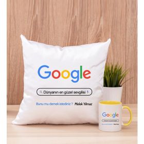 Hediye Dükkanı Kişiye Özel Google Tasarım Esprili Sarı Kupa Bardak ve Kare Yastık