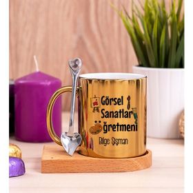 Hediye Dükkanı Kişiye Özel Görsel Sanatlar Öğretmeni Ahşap Altlıklı Kaşıklı Gold Kupa Bardak