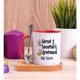 Hediye Dükkanı Kişiye Özel Görsel Sanatlar Öğretmeni Ahşap Altlıklı Kaşıklı Kırmızı Kupa