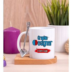 Hediye Dükkanı Kişiye Özel Grafiker Ahşap Altlıklı Kaşıklı Beyaz Kupa Bardak
