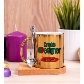 Hediye Dükkanı Kişiye Özel Grafiker Ahşap Altlıklı Kaşıklı Gold Kupa Bardak